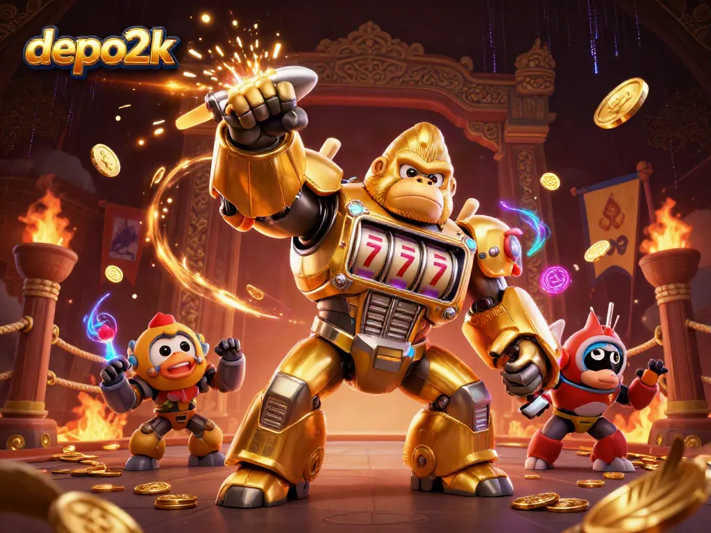 Experience high-stakes play with depo2k in this dynamic, slot machine-inspired illustration.