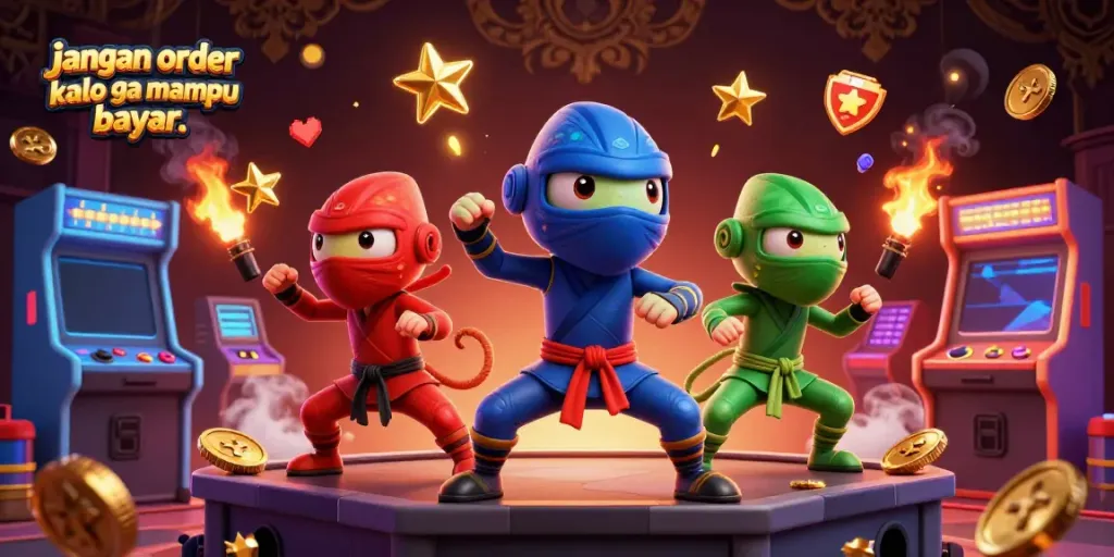 Engaging scene depicting the vibrant action of a ninja chameleon team in a colorful arcade game environment, illustrating why you shouldn't bet if you can't pay, "jangan order kalo ga mampu bayar.."