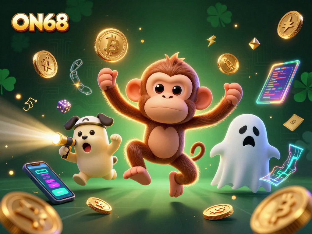 Engage with ON68's thrilling casino experience through a playful poltergeist monkey juggling in a haunted setting.