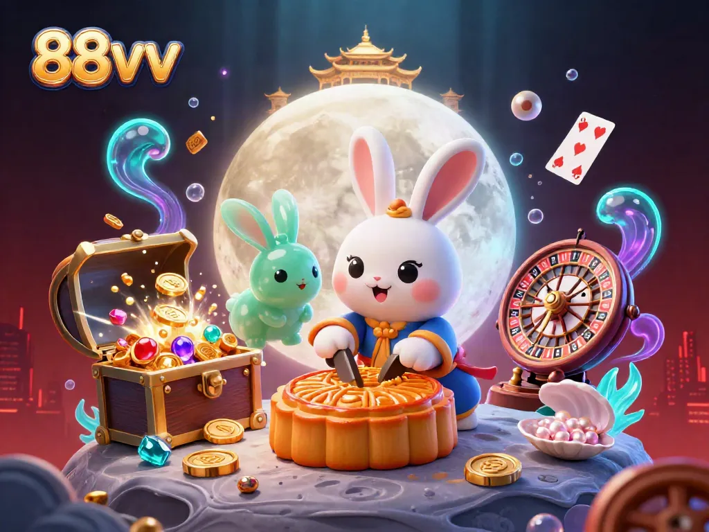 88vv casino illustration with a moon rabbit and jade companion revealing poker chips, amidst a vibrant gambling scene.