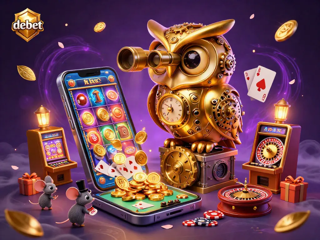Experience the vibrant casino world with debet, featuring a golden owl, slot machines, and game elements.