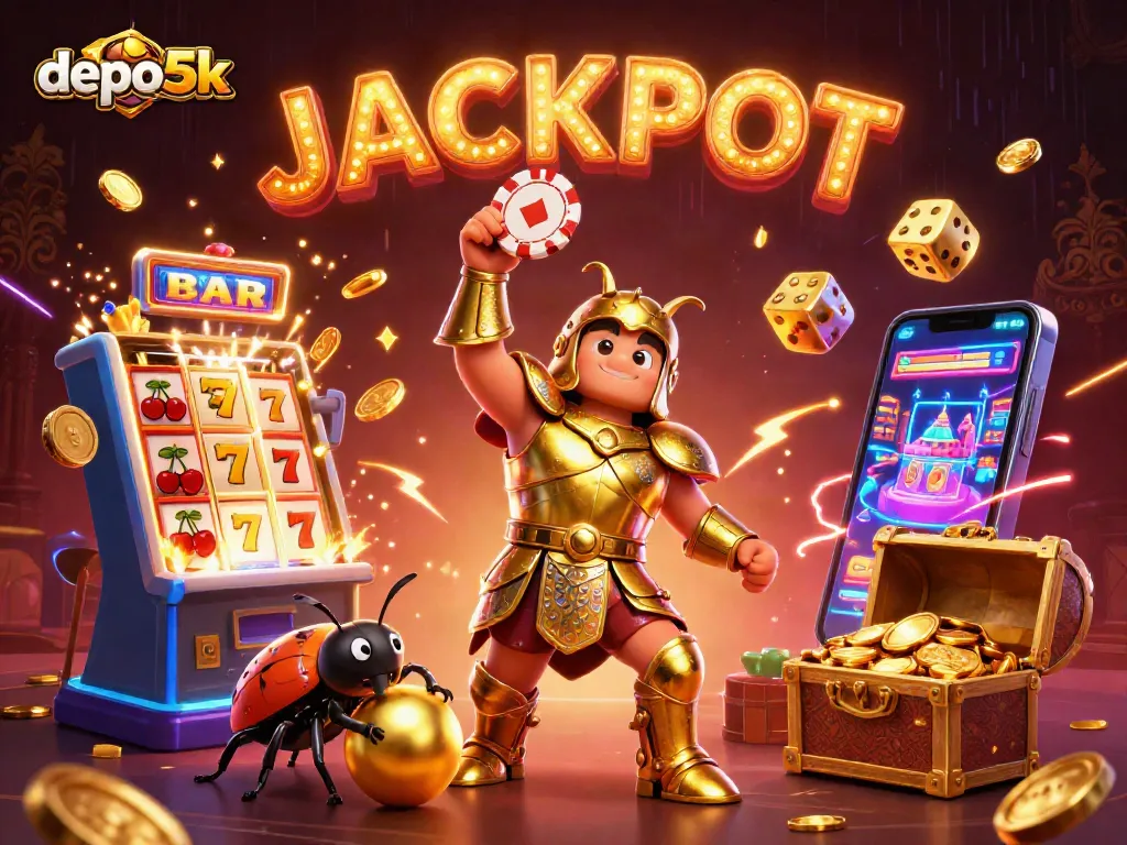 Spin jackpot reels with depo5k, featuring a victorious beetle and casino game elements.