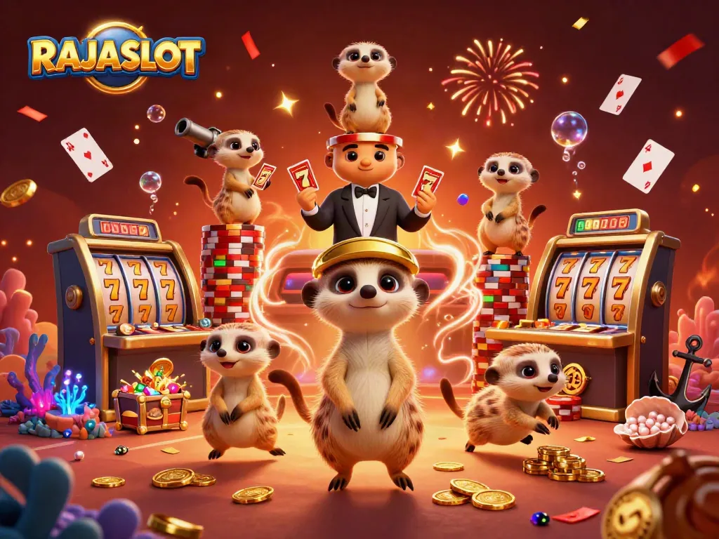 RAJASLOT menghadirkan gambar koloni meerkat sedang menjalankan operasi kasino yang megah dan penuh keseruan.