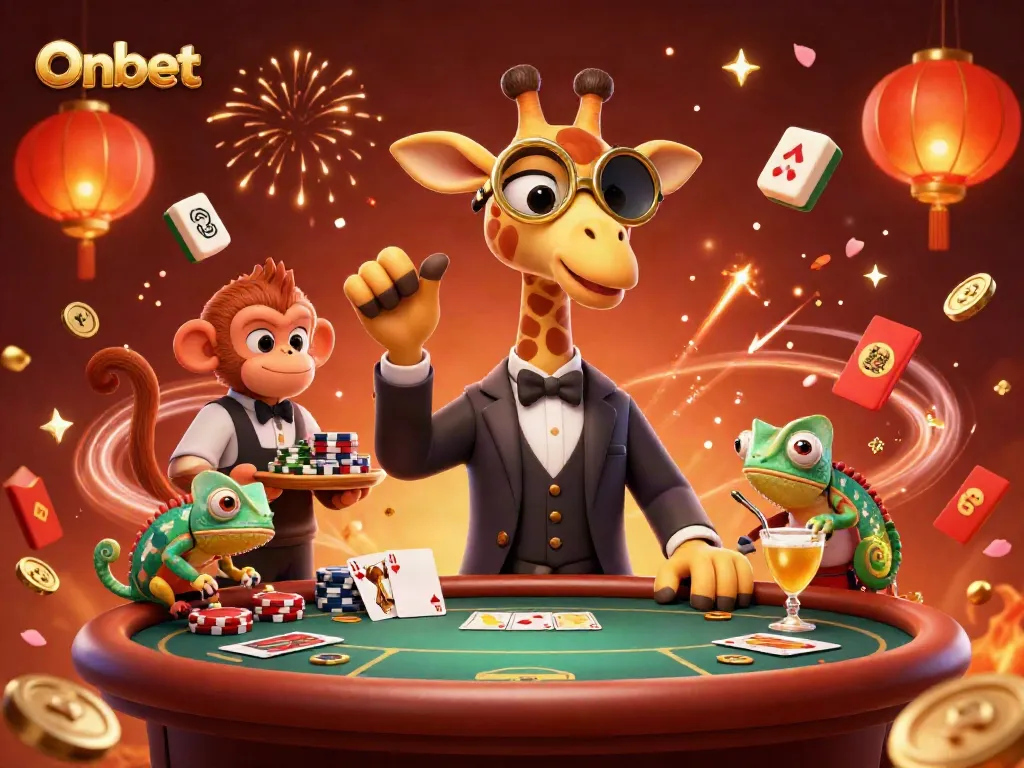 Engage with Onbet's thrilling poker scene featuring a high-roller giraffe and dynamic casino elements.