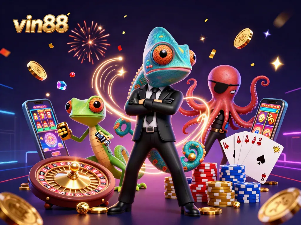 Experience the thrill at vin88 with colorful casino elements and dynamic characters in a lively gambling scene.