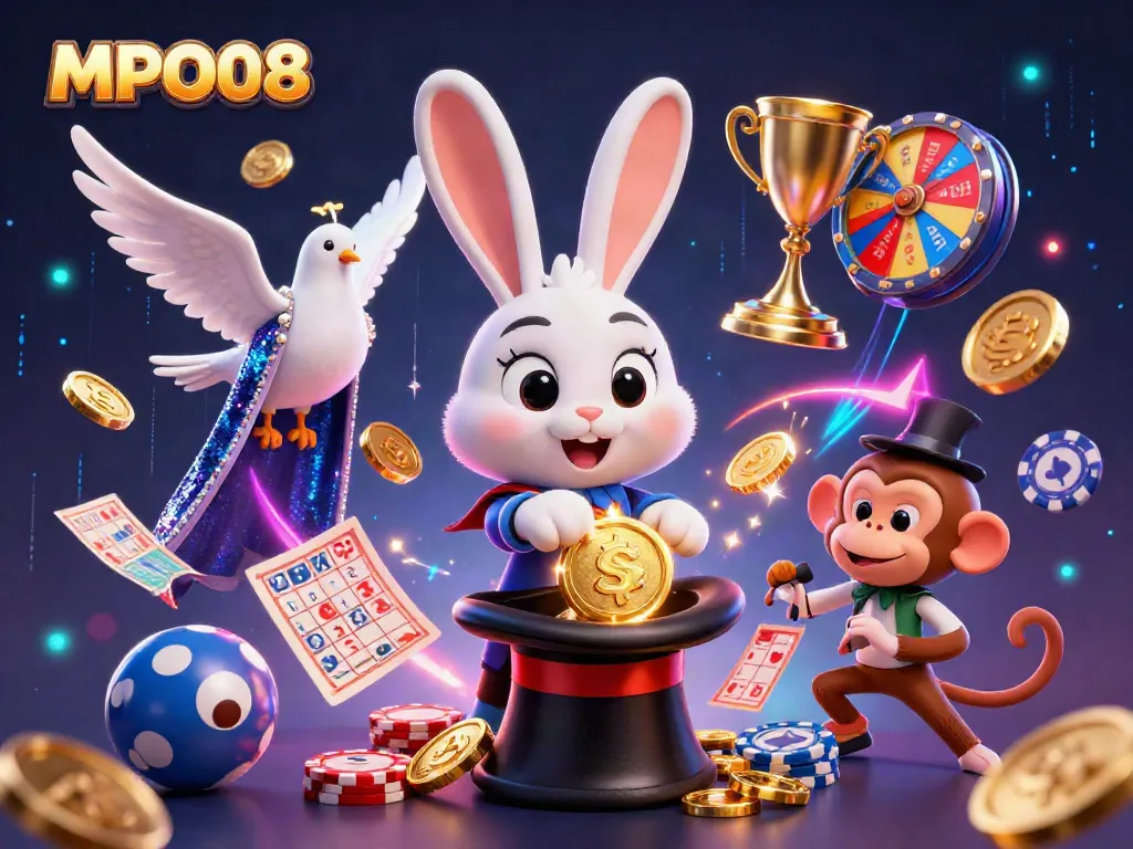 MPO08 showcases a vibrant 3D cartoon scene of a magician rabbit, assistant dove, and monkey, engaging with lottery elements.