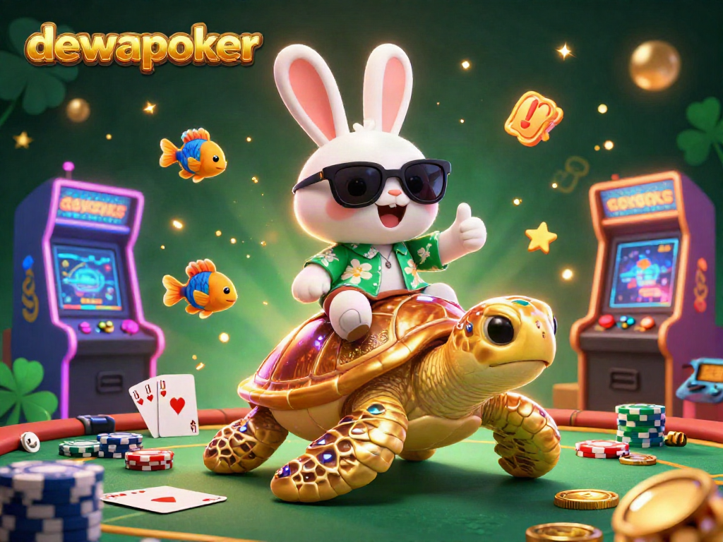 Dewapoker showcases a lucky rabbit and golden turtle in a vibrant casino scene filled with poker gameplay elements.