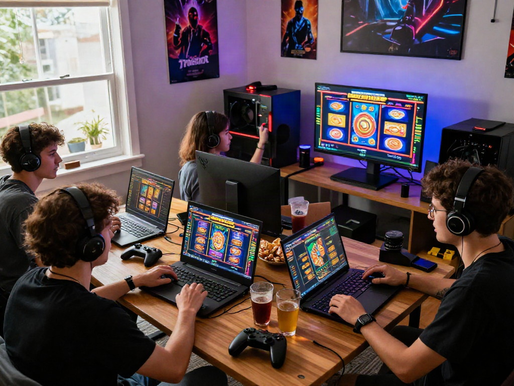 Group of friends playing bandar slot in a colorful gaming setup with vibrant screen graphics and snacks.