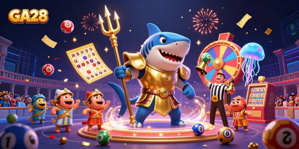 Experience GA28 with an underwater colosseum showcase featuring a shark gladiator amidst chaotic lottery activities.