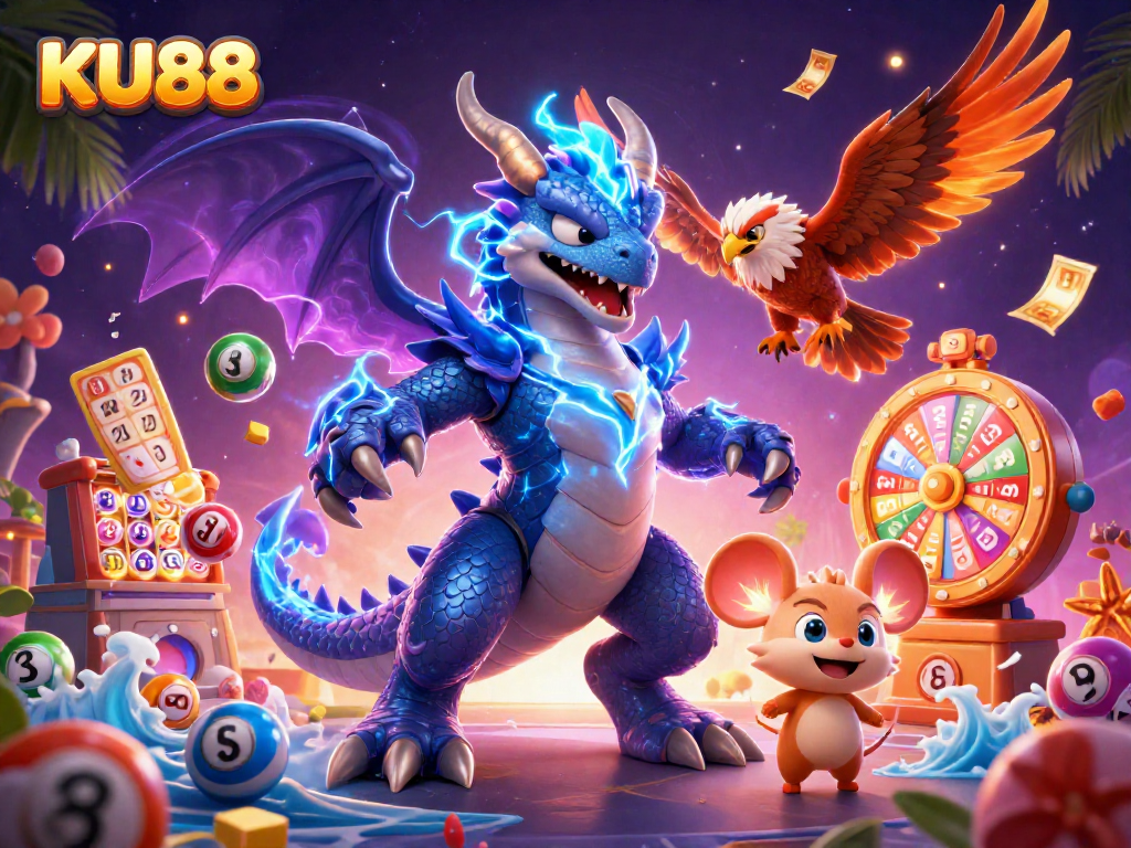 Experience excitement with KU88's dynamic lottery scene featuring colorful elements and vibrant characters.