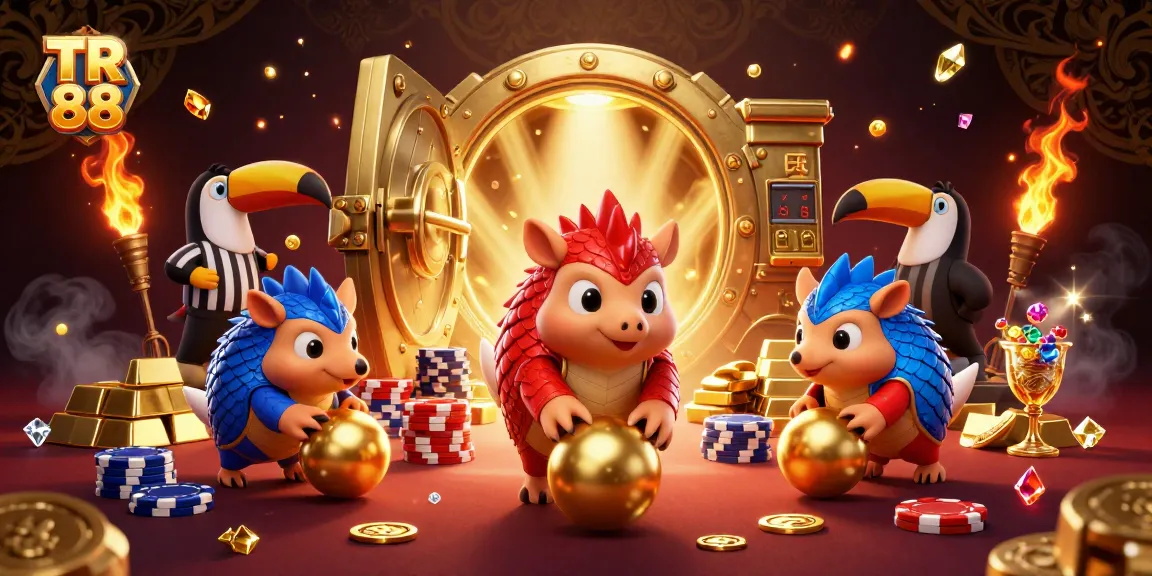 Experience thrilling gaming with TR 88 in an action-packed scene featuring cartoon pangolins and casino elements.