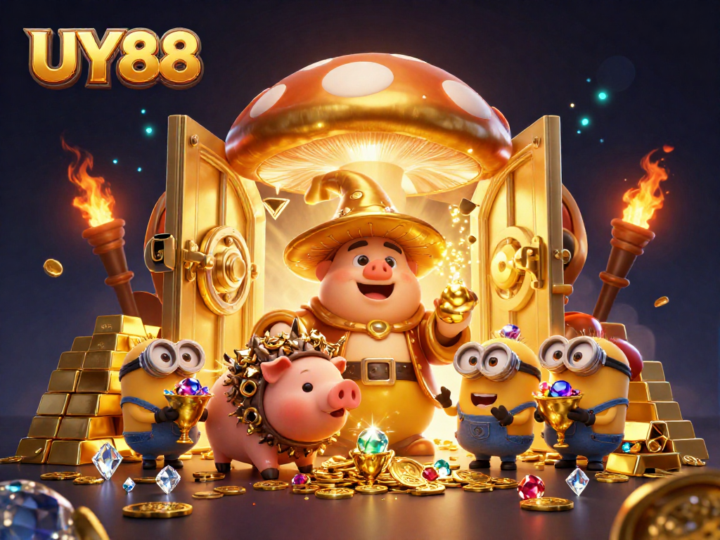 Experience UY88's magical treasure with a golden mushroom wizard and vibrant gems.