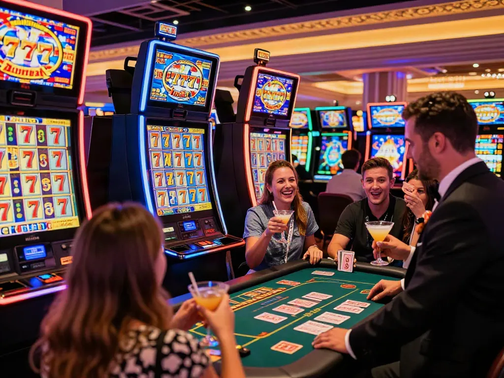 Lucky777 casino gaming scene with excited players and vibrant slot machines.