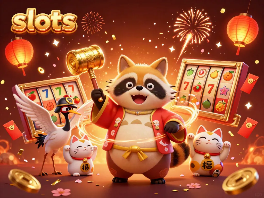 Experience thrilling slots with a cheerful tanuki and festive elements celebrating jackpots.