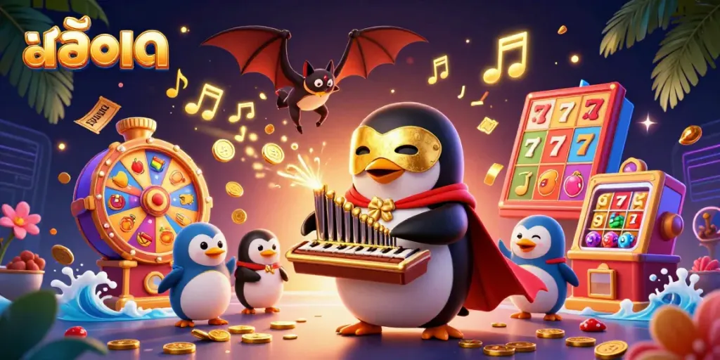 Engage in thrilling สล็อต action with an animated penguin playing a golden organ amidst vibrant casino elements.