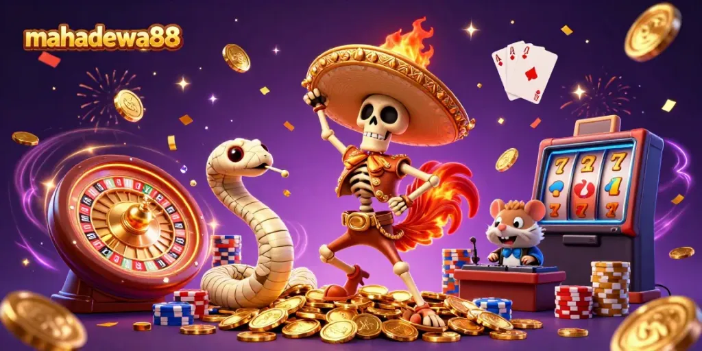 Experience the excitement of mahadewa88 with vibrant casino characters celebrating amidst a cascade of treasures and dazzling game elements.