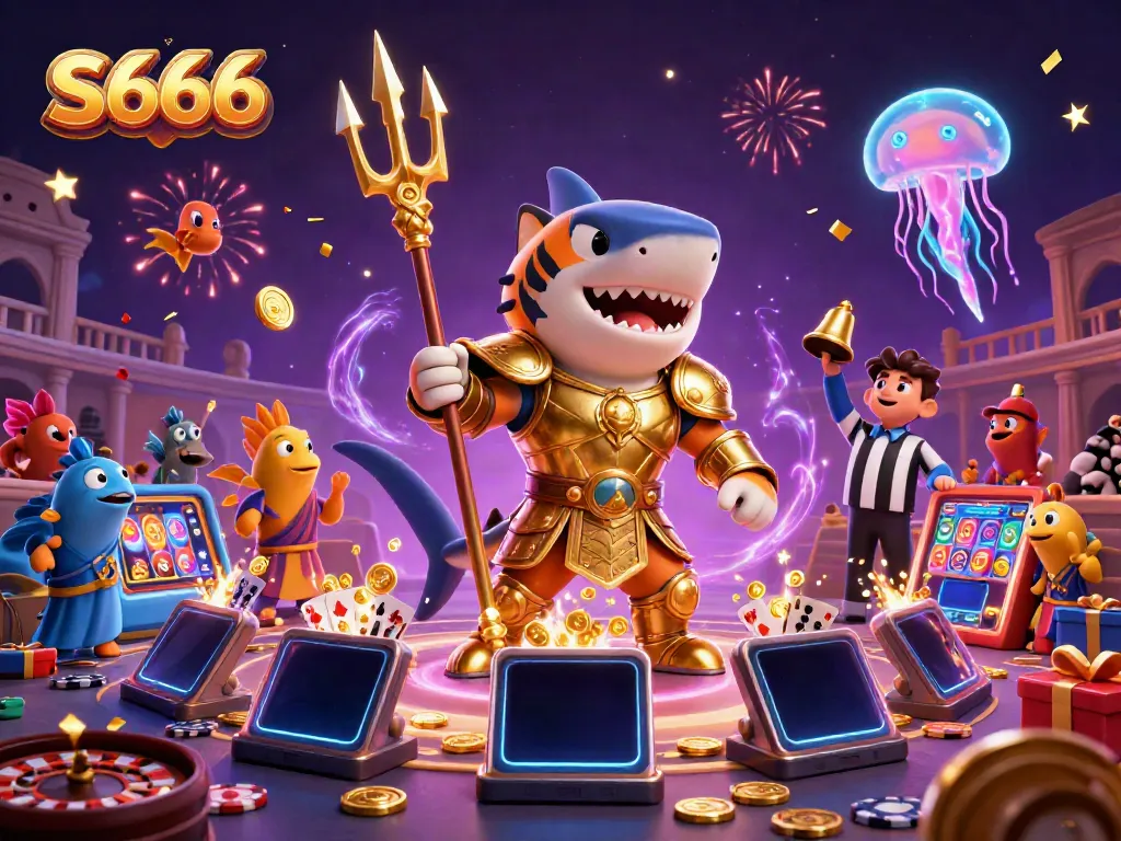 Experience thrilling gameplay at S666 Casino with this vibrant 3D scene featuring dynamic characters and exciting gaming elements.