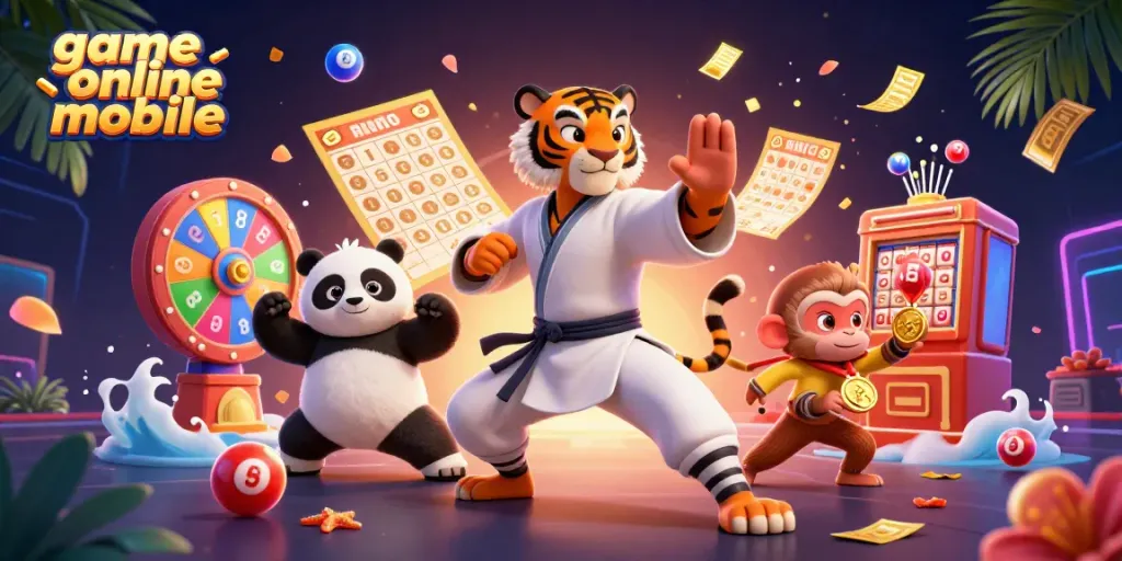 Permainan online mobile dengan pemandangan harimau kung fu kartun, panda, dan monyet, dikelilingi bola lotere berwarna