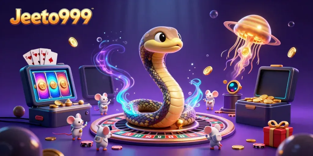 Experience the thrill of Jeeto999 with a creative casino-themed 3D illustration featuring playful characters and casino elements.