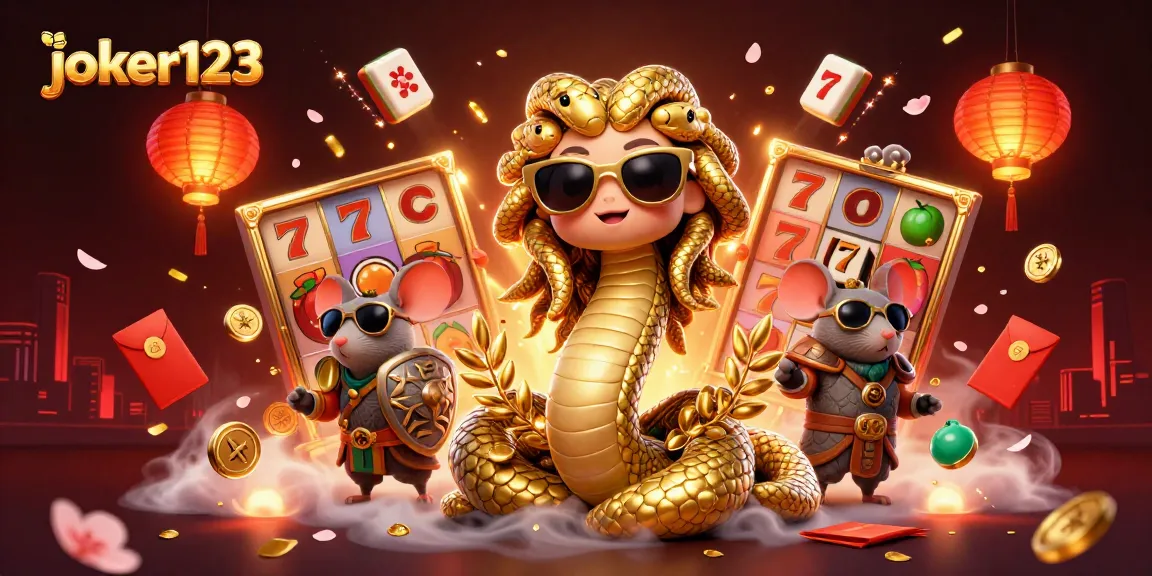 Gambarkan momen menang yang seru dengan joker123, Medusa dan tikus prajurit di dunia kasino.