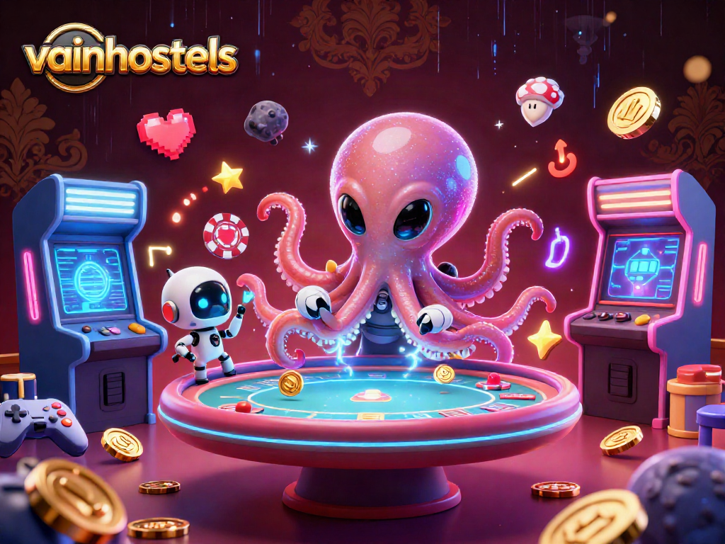 Engage in gambling excitement at vainhostels with a cosmic poker showdown featuring a playful octopus and robot.