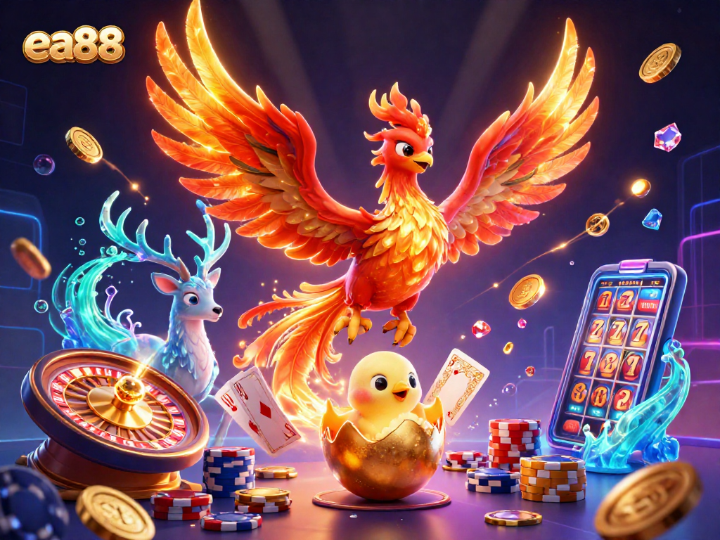 Experience thrilling gaming excitement with EA88, featuring a vibrant fire phoenix soaring amidst casino elements.