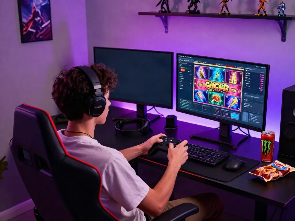 Player enjoying SLOT GACOR at a modern gaming setup with vibrant visuals.