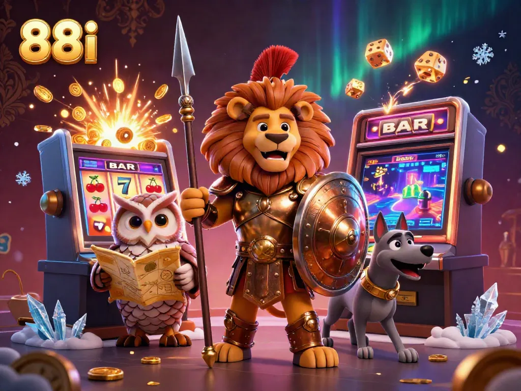 Engage with thrilling slots at 88i, featuring a bronze Spartan lion and dynamic casino elements in an electrifying atmosphere.