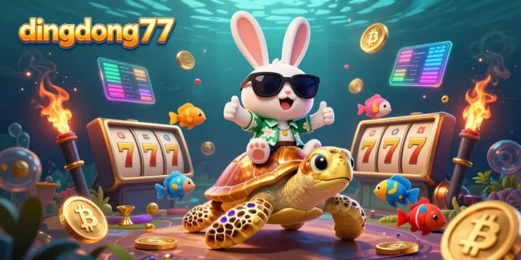 Dive into winning strategies at dingdong77 with a lively scene featuring a cartoon lucky rabbit and a golden sea turtle alongside colorful coin elements.