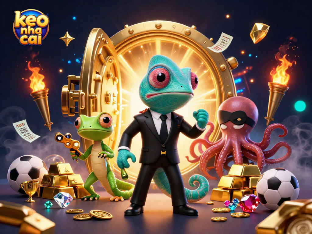 Engage with keo nha cai while exploring an exciting sports betting scene with vibrant characters and golden treasures.