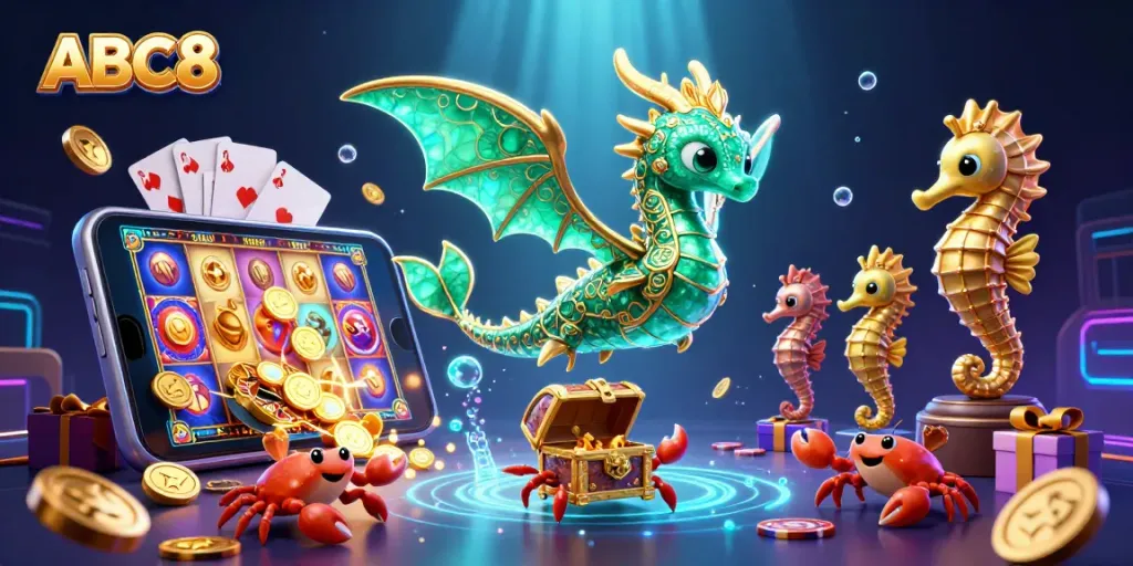 Spin slots to win big with ABC8, featuring a vibrant underwater casino scene bursting with action.