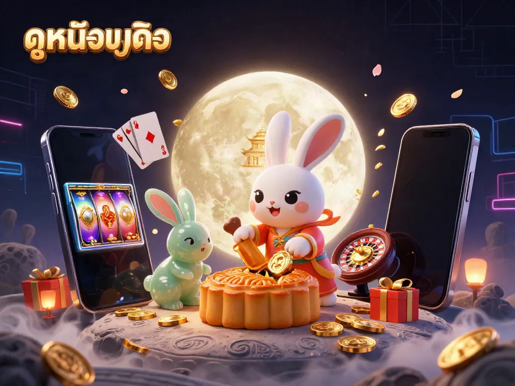 Experience ดูหนังออนไลน์ with an enthralling 3D illustration of a moon rabbit enjoying game-themed lunar festivities.