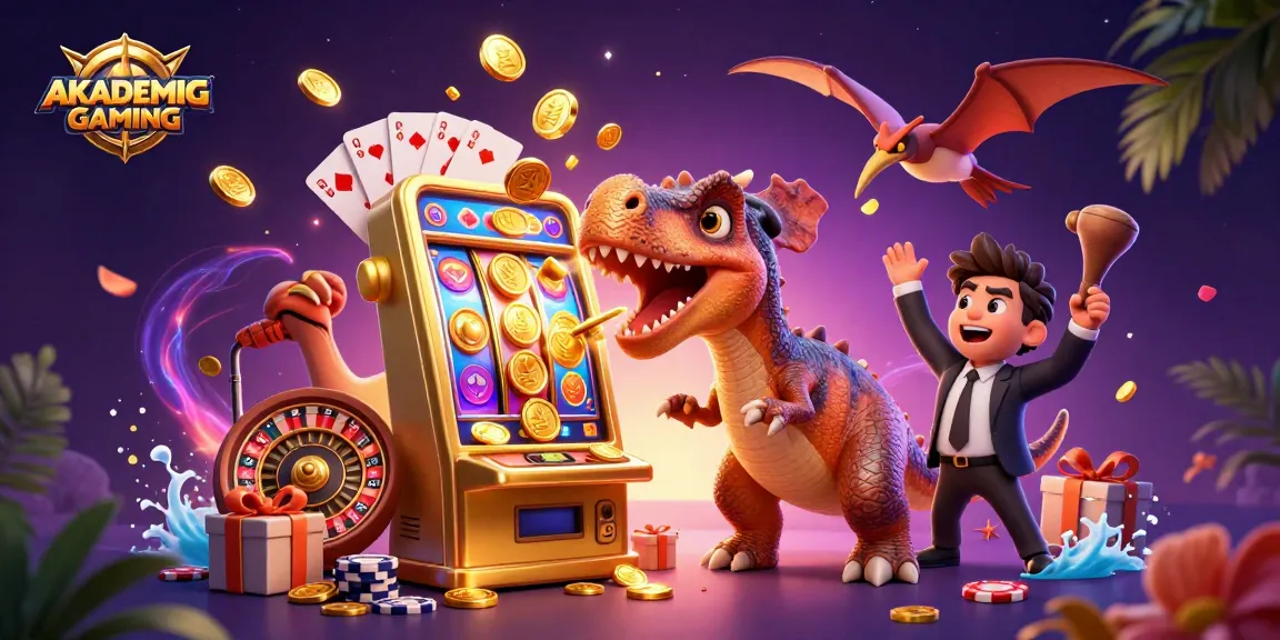 Headbutting action at AKADEMIGAMING as a pachycephalosaurus triggers a jackpot on a golden slot machine.
