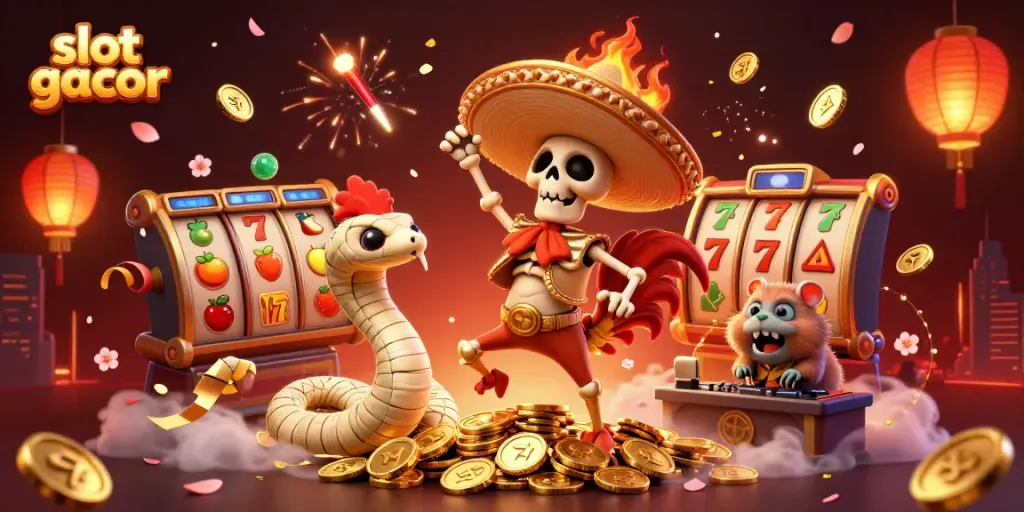Slot gacor menghidupkan suasana dengan karakter kartun, simbol permainan, dan perayaan jackpot