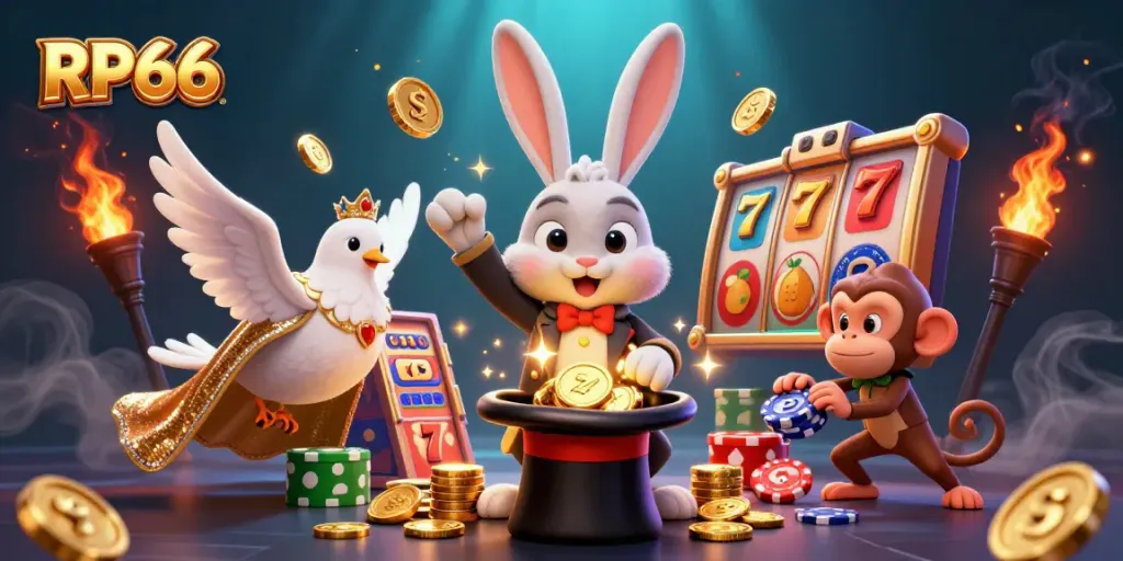 Experience the magic of RP66 with a cartoon magician rabbit, dove, and monkey in a vibrant casino scene pulling in coins and jackpot symbols.