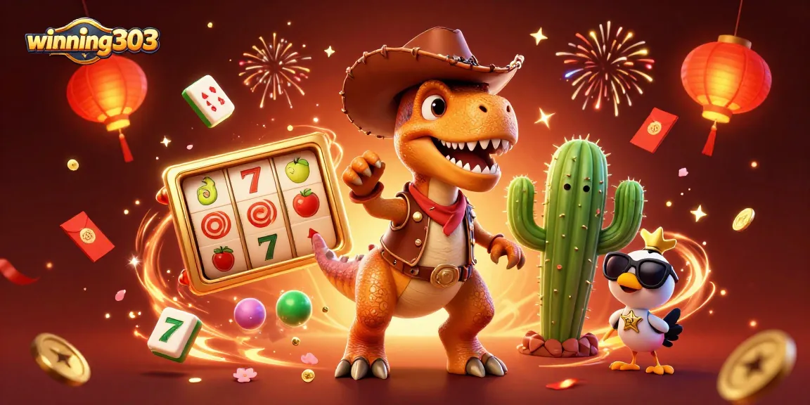 Winning303 brings excitement with a T-Rex cowboy in a vibrant casino scene.