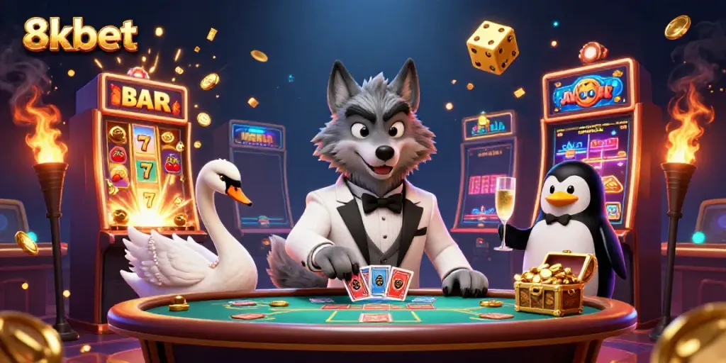 Win big with 8kbet's exhilarating casino experience featuring a wolf and a swan.