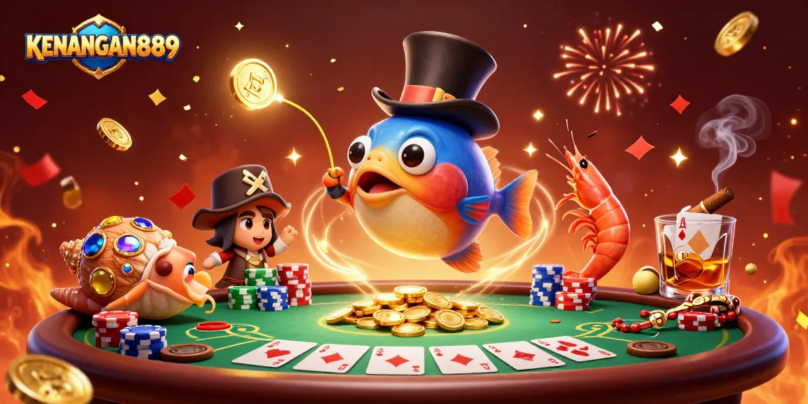 Engage with KENANGAN889 in this vibrant casino scene featuring poker elements and colorful characters.