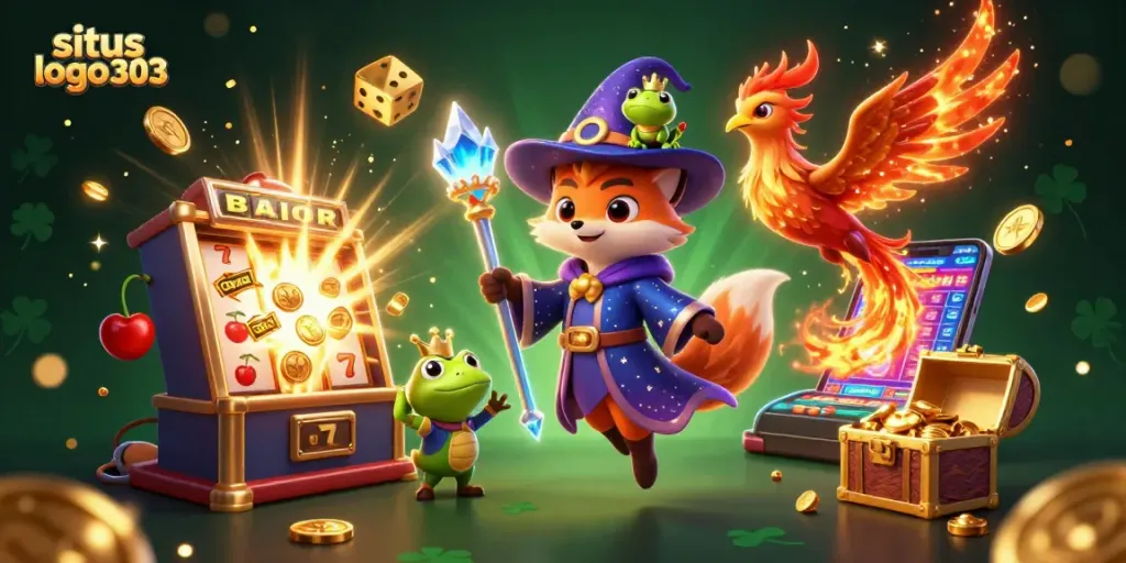 Menciptakan keseruan permainan di situs logo303 dengan gambar slot hadiah dan karakter fantastis yang bersinar.