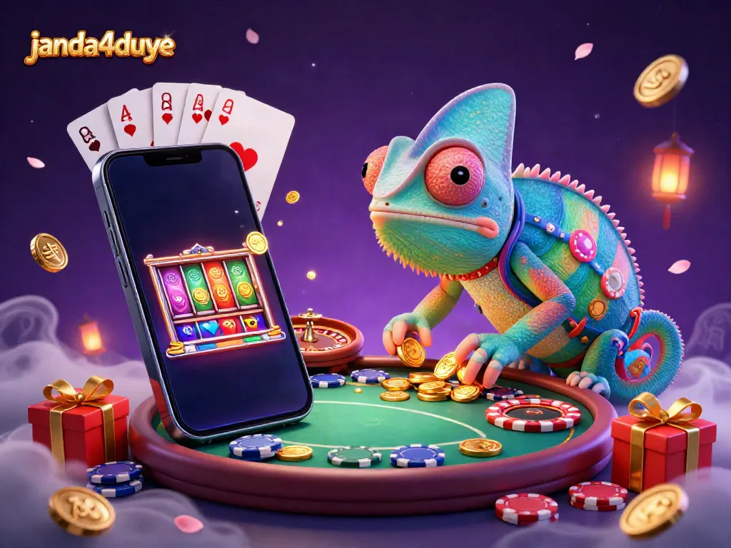 Janda4duye menampilkan nuansa kasino dengan chameleon pemilik kasino besar dan elemen permainan interaktif.