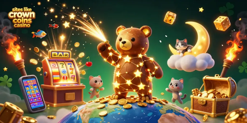 Experience excitement at sites like crown coins casino with a constellation bear collecting coins amidst thrilling casino elements.