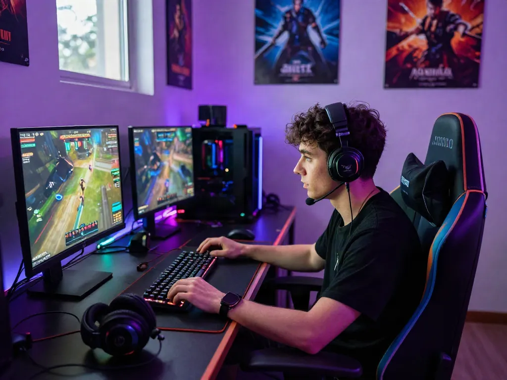 Gamer immersed in an intense QQMacan session with vibrant RGB lighting and a stylish gaming setup.