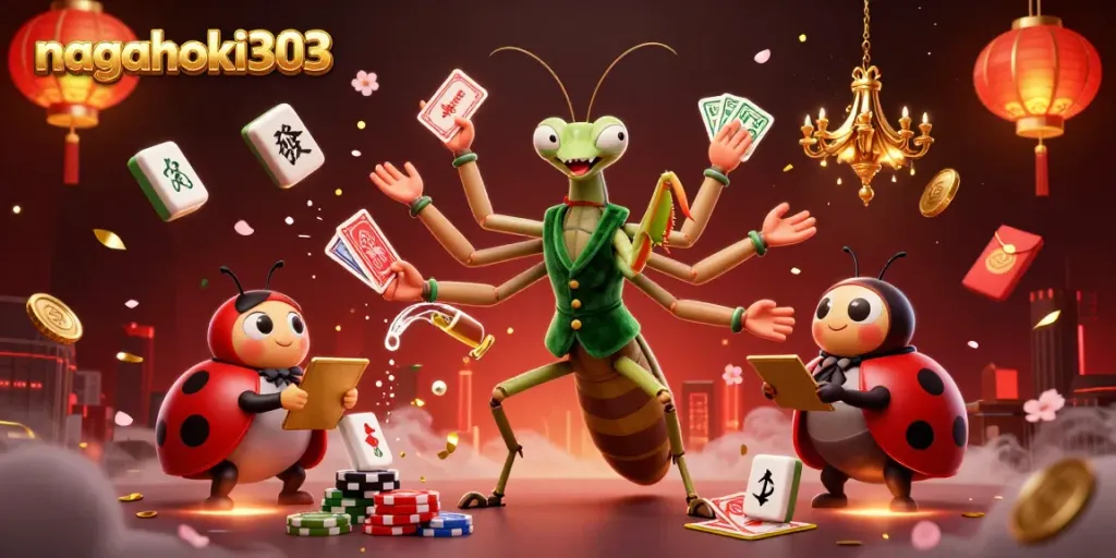 Permainan kartu dan chip di Nagahoki303 dengan suasana meja kasino yang meriah.