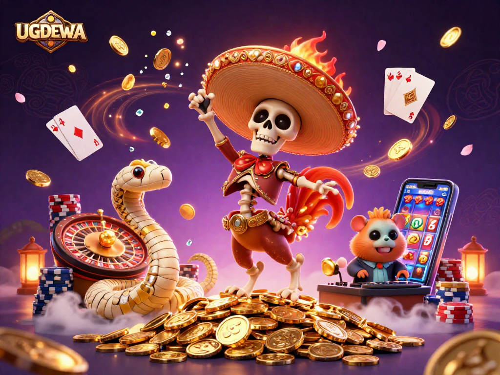 Experience thrilling action with UGDEWA's vibrant casino scene featuring joyous characters and dazzling effects.