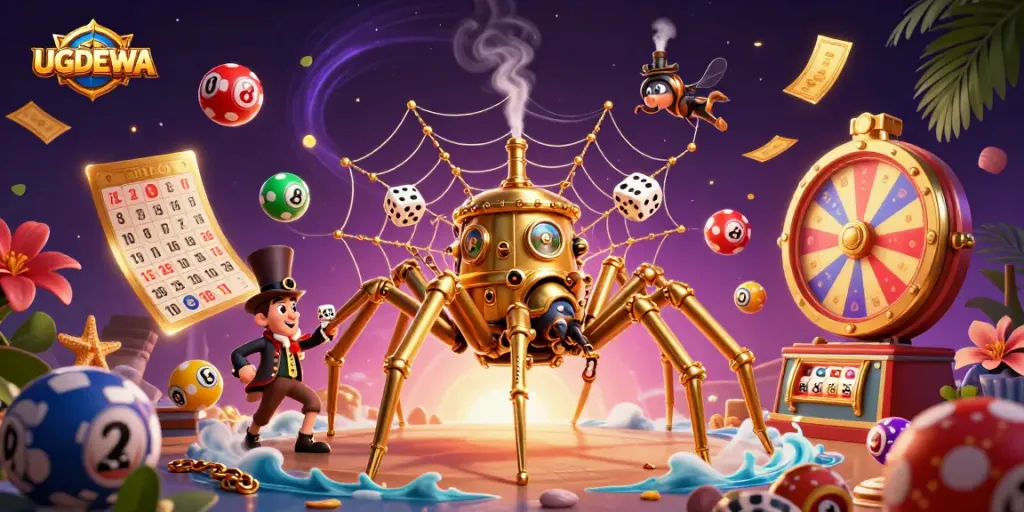 UGDEWA showcases a vibrant 3D illustration of a steampunk spider and gambling elements capturing luck.