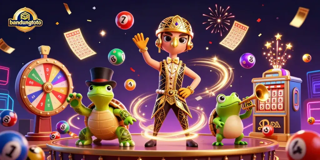 Engage in dynamic bandungtoto gameplay with vibrant lottery elements and colorful characters.