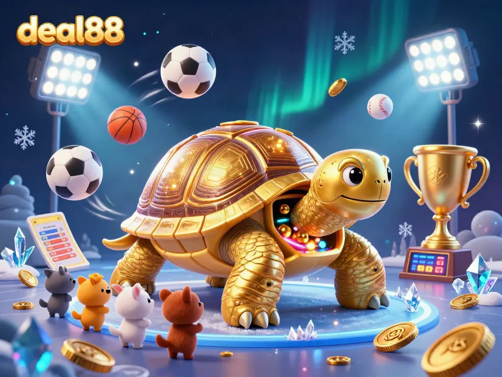 Experience excitement with deal88, as animated characters wait to play on a thrilling golden tortoise pinball machine.