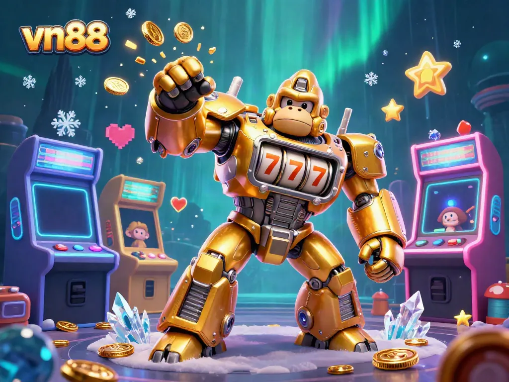 Experience the excitement of VN88 online casino with vibrant gaming elements and a dynamic gorilla mech illustration.