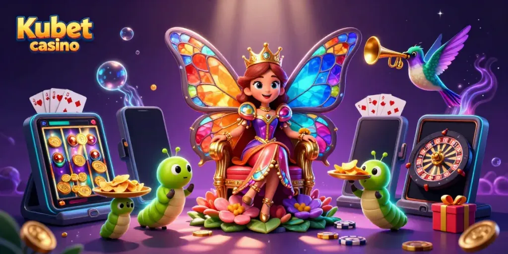 Kubet casino illustrated with a colorful butterfly queen and gaming elements, embodying vibrant casino atmosphere.