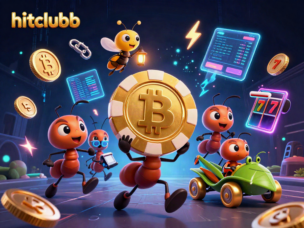 Hitclubb's 3D cartoon heist scene with ants, crypto coins, and vibrant casino elements